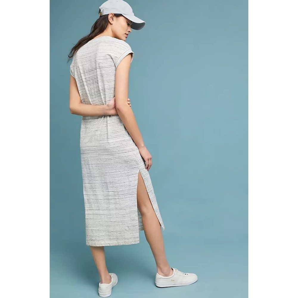 Cloth & Stone Anthropologie Striped V-Neck Midi Dress Grey White C1962-155 XS - Picture 2 of 11